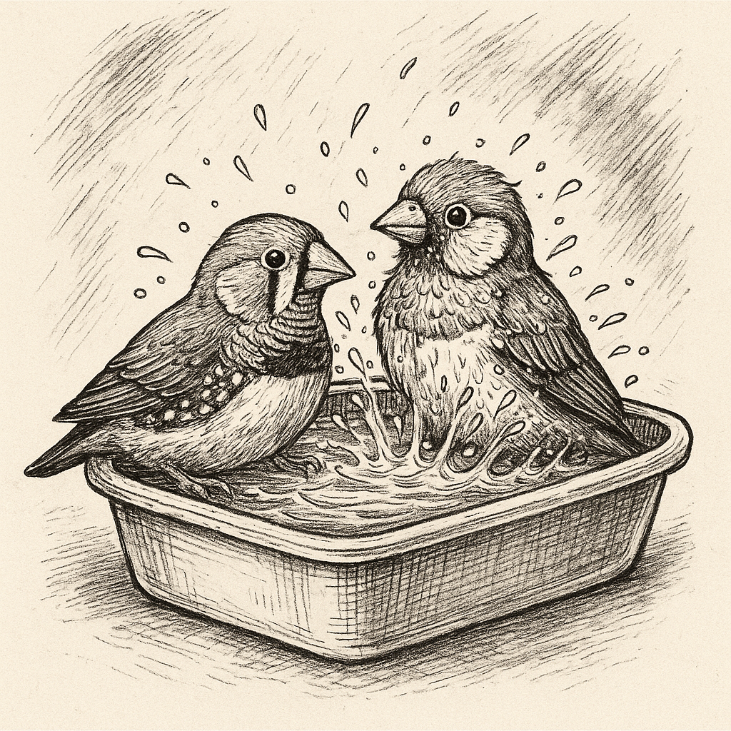 Пара амадинів купається у ванні для птахів, ілюстрація у стилі пера і чорнила