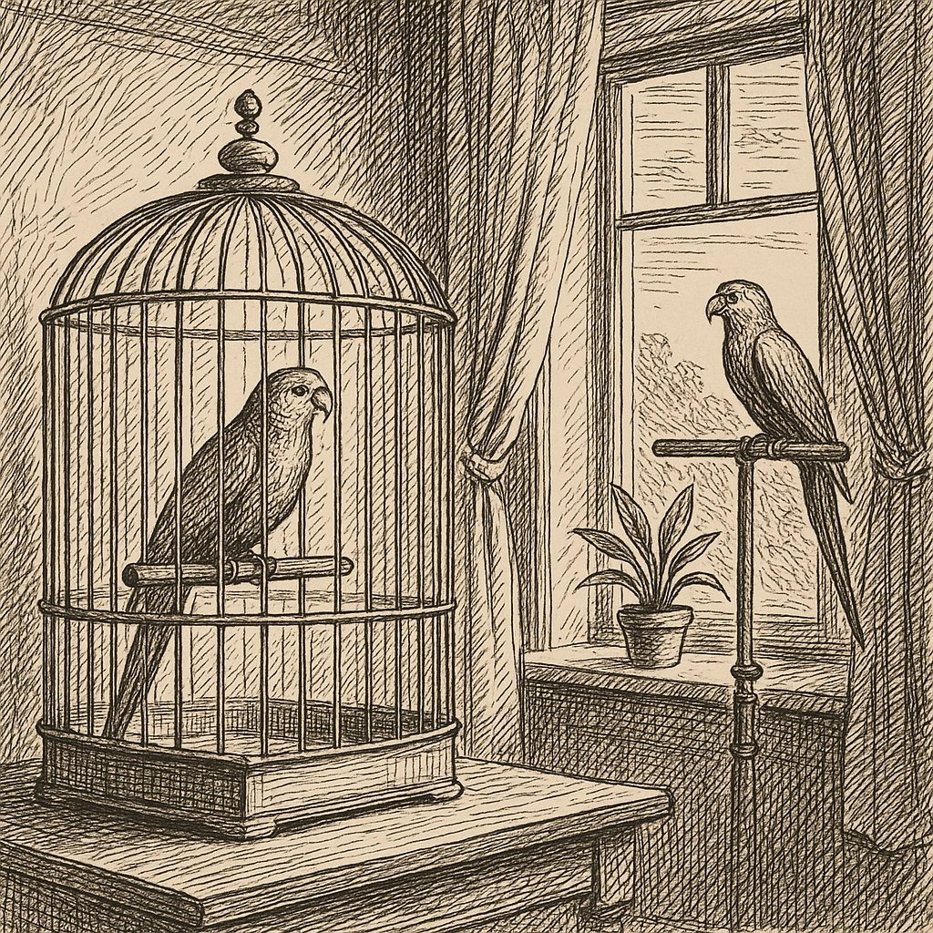 папуга сидить у клітці біля вікна, ілюстрація у стилі пера і чорнила