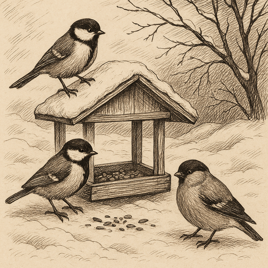 Підгодівля птахів узимку — синиці та снігурі біля годівнички на снігу