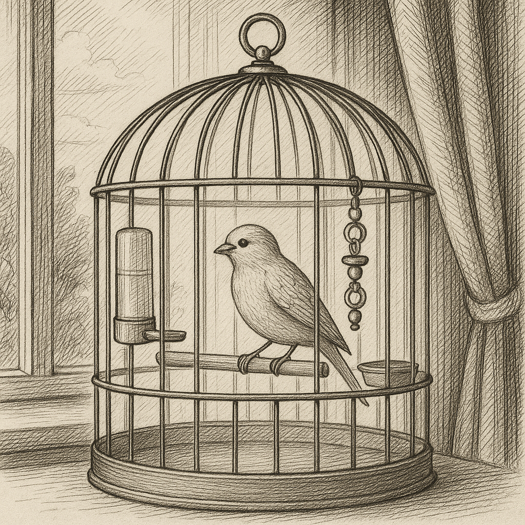 Чорно-біла ілюстрація канарейки у великій клітці з поїлкою, годівничкою та іграшкою біля вікна