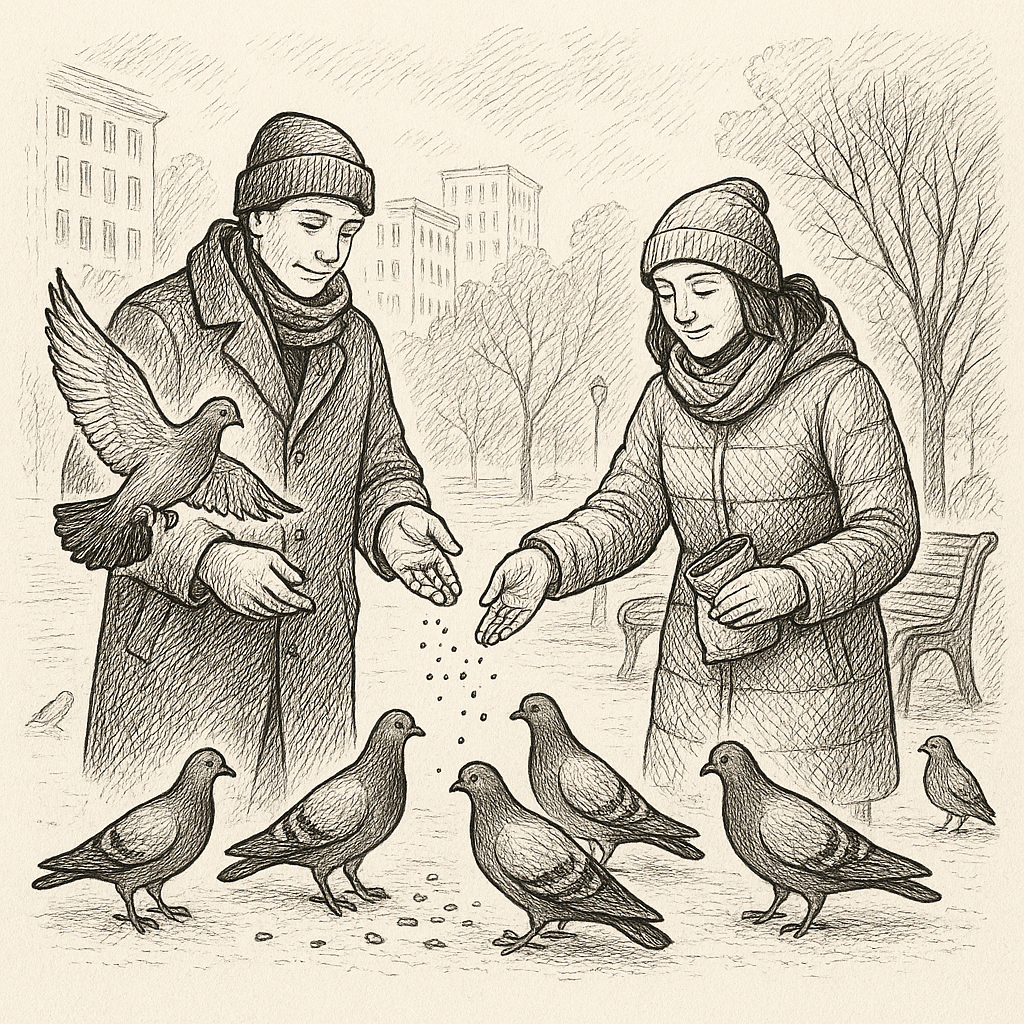 люди годують голубів у міському парку зерном в холодну пору року