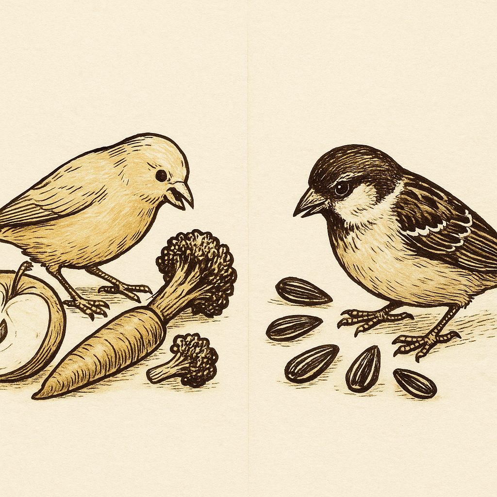 Канарка клює яблуко, моркву та броколі, а горобець — насіння соняшника. Ілюстрація у стилі пера і чорнила.