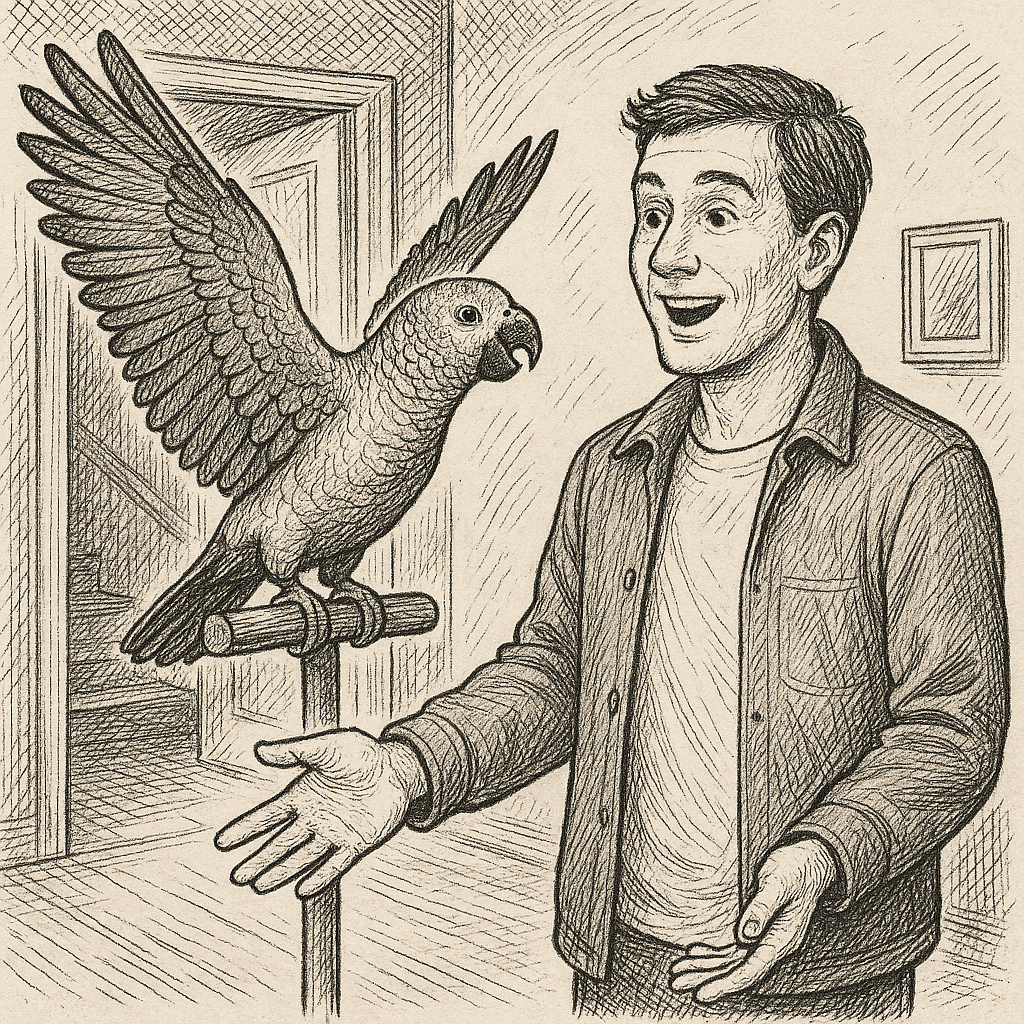 Папуга жако радісно вітає господаря, який повернувся додому, ілюстрація у стилі пера і чорнила