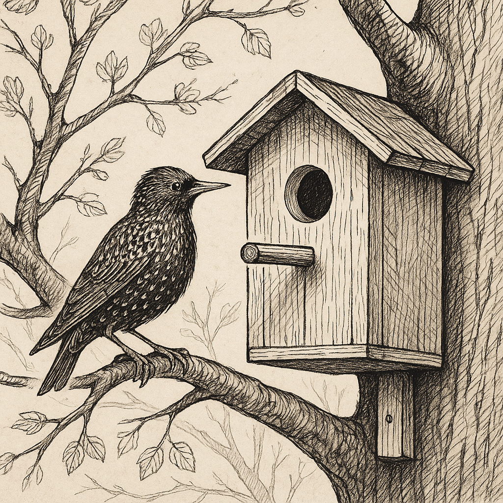 Шпак біля шпаківні на гілці дерева, весняна ілюстрація у стилі пера і чорнила