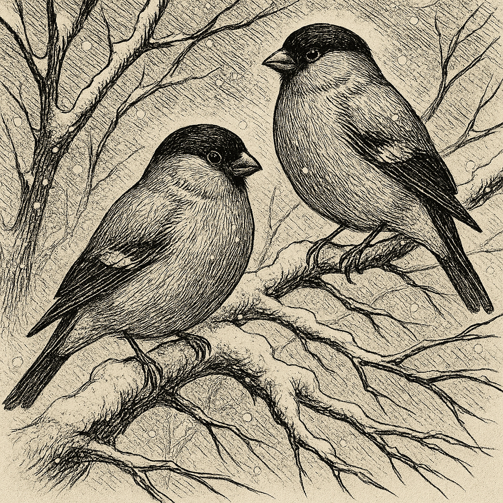 Пара снігурів на засніженій гілці, ілюстрація у стилі пера і чорнила