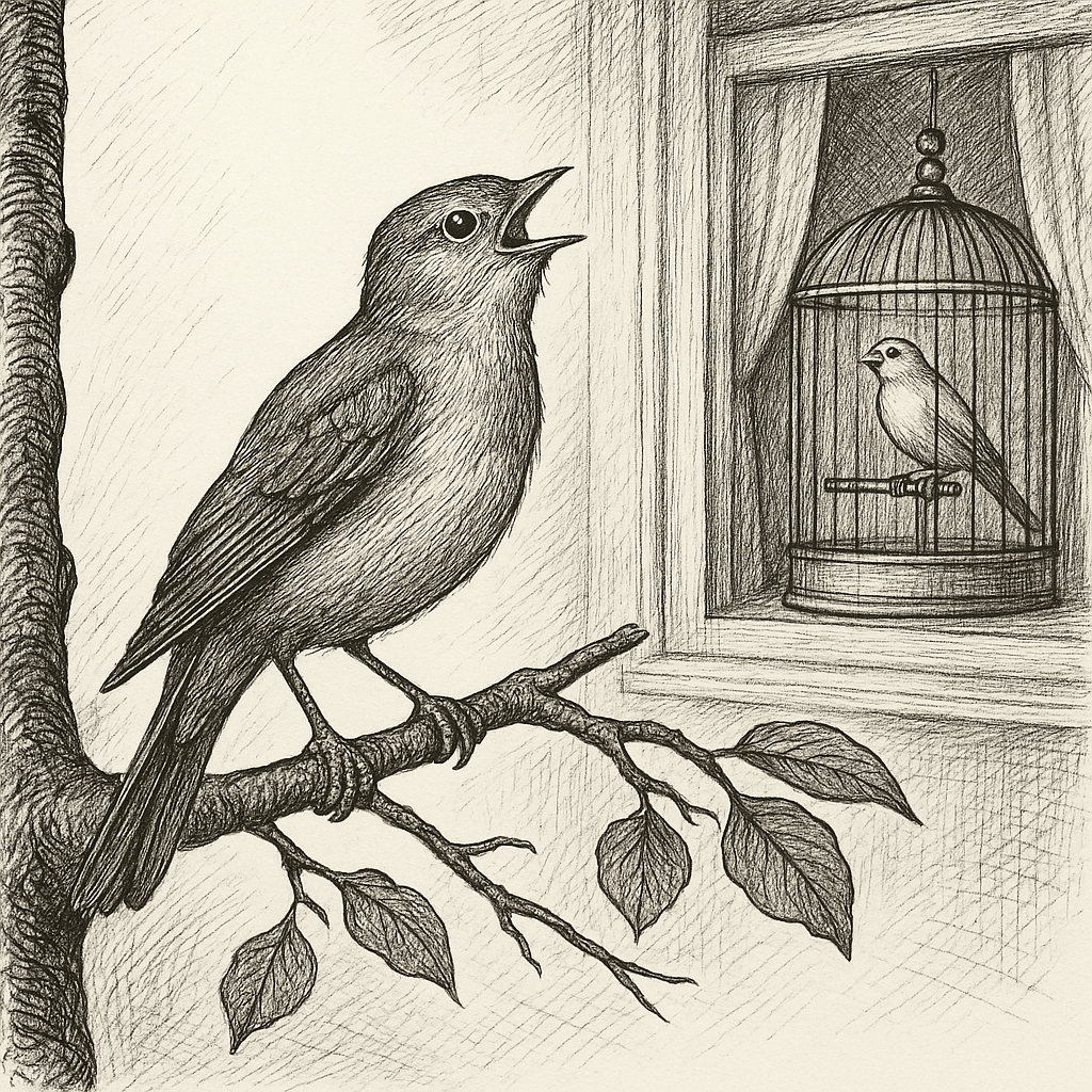 соловей співає на гілці, а канарка щебече у клітці біля вікна