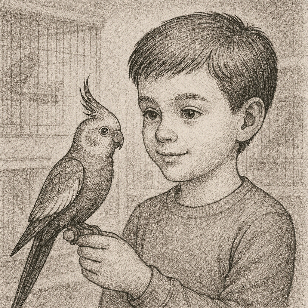 Хлопчик тримає папугу у зоомагазині — ілюстрація у стилі пера та чорнила