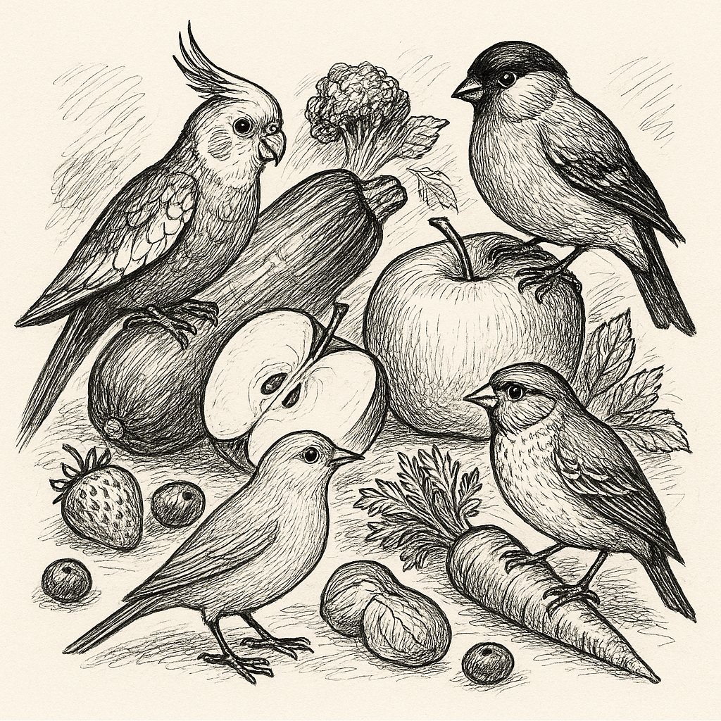 Папуга, канарка, амадин і снігур біля фруктів і овочів — їжа для птахів