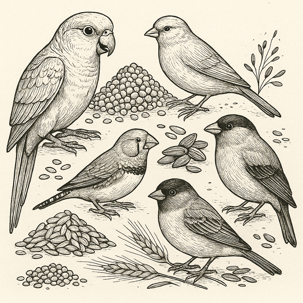 Ілюстрація різних птахів — папуга, канарка, амадин, снігур і горобець біля зерна