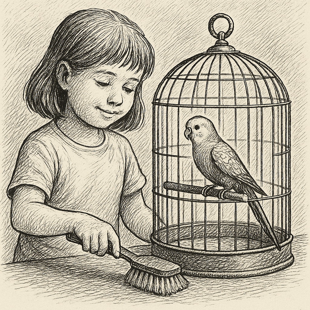 Дівчинка чистить клітку з папугою — ілюстрація у стилі пера і чорнила, що символізує турботу та догляд за домашніми птахами.