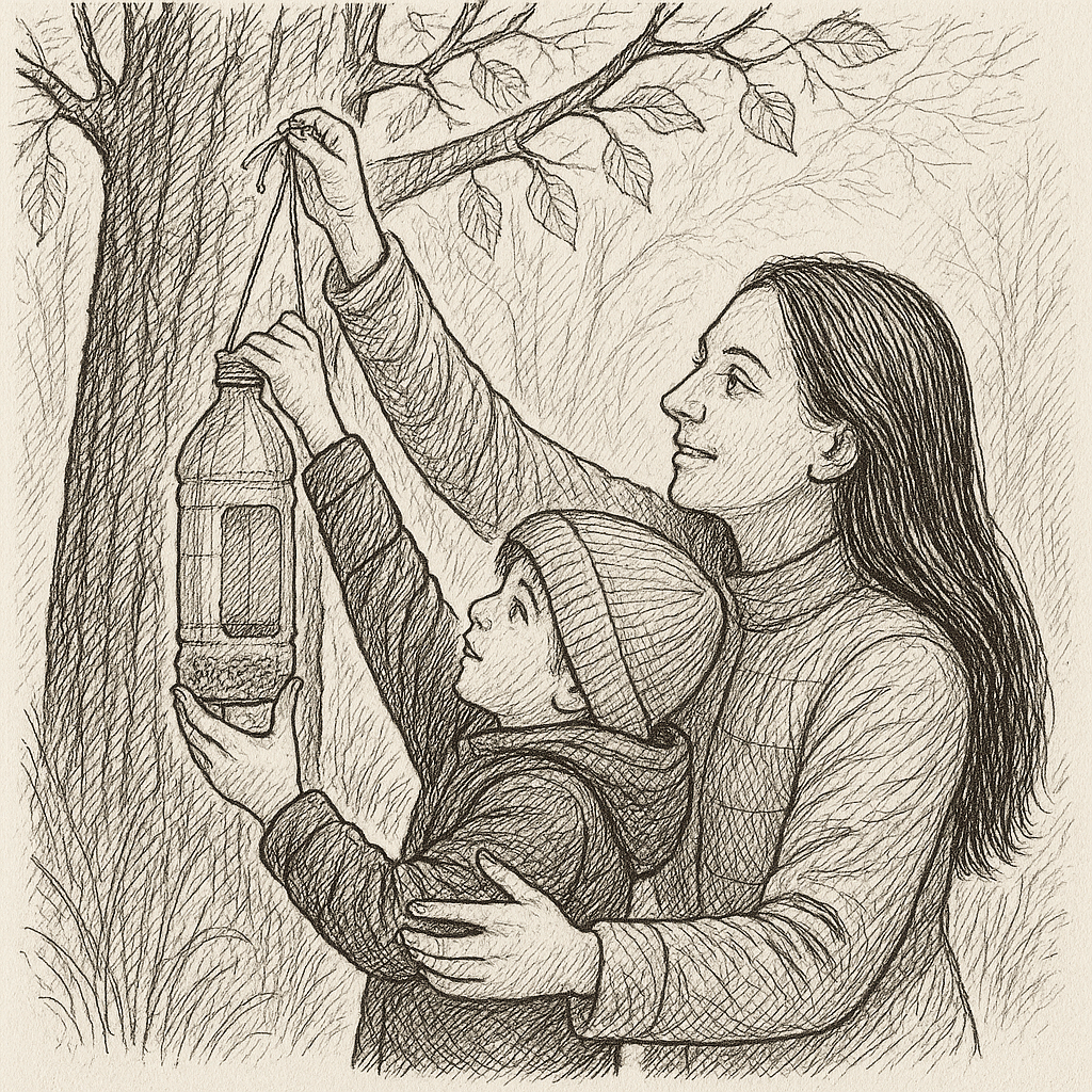 ілюстрація у стилі пера і чорнила — мама з дитиною вішають годівницю для птахів