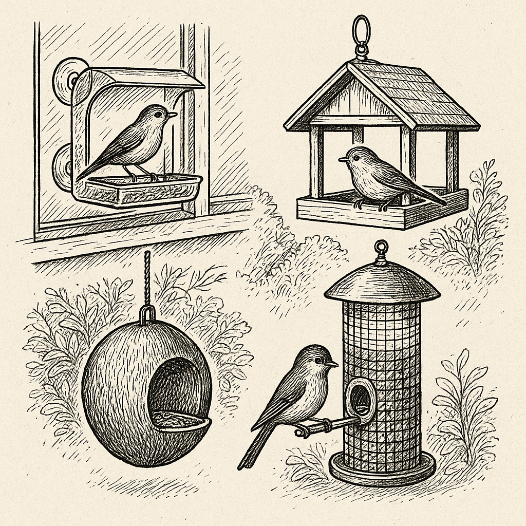 різні типи годівниць для птахів — деревʼяна, еко, на вікно та металева