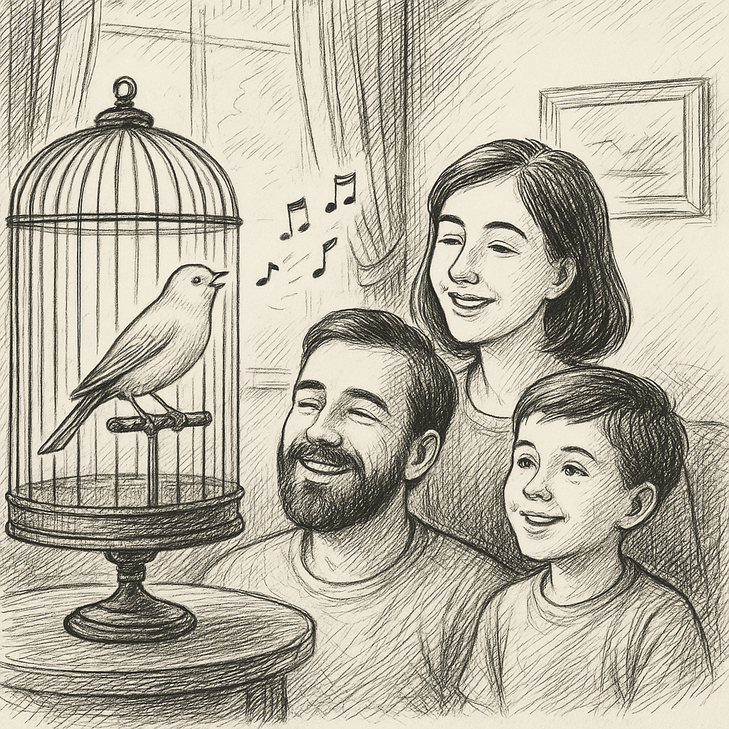 щаслива сім’я слухає спів домашньої канарки у кімнаті