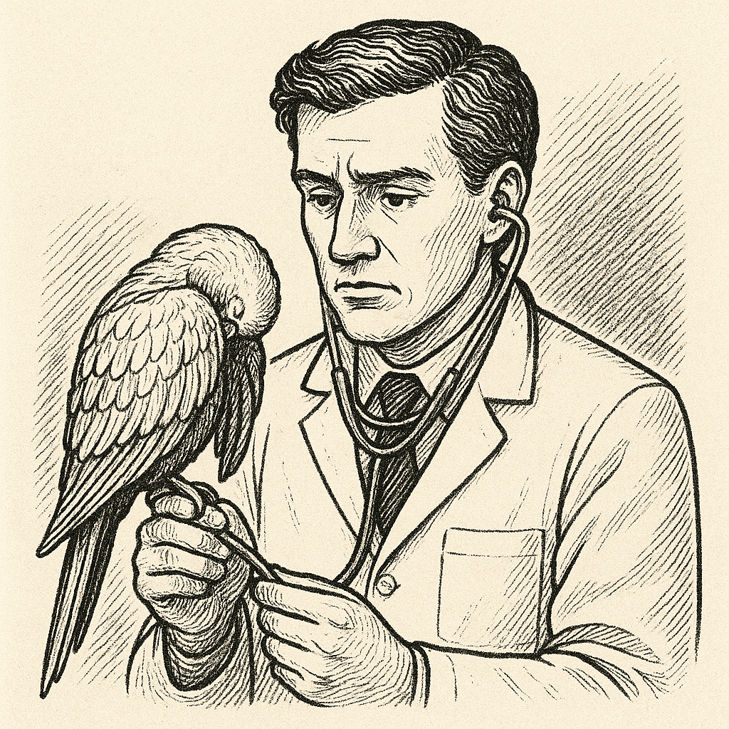 ветеринар оглядає птаха, який ховає голову під крило