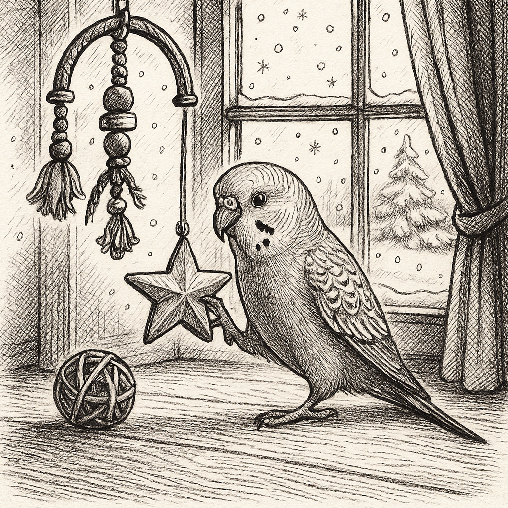 декоративна пташка грається з іграшкою біля вікна взимку, ілюстрація у стилі пера і чорнила