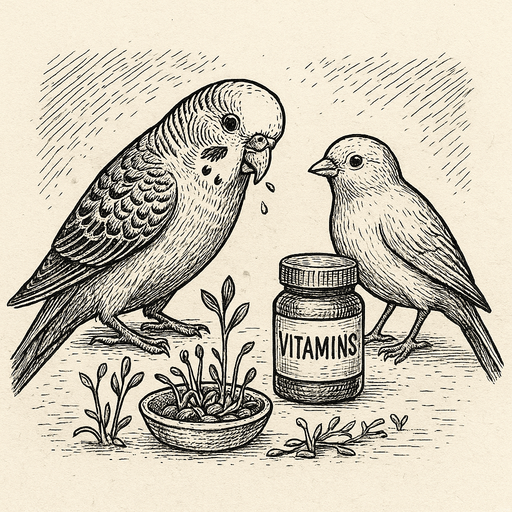 Папуга їсть пророщене зерно, а поруч канарка сидить біля баночки з вітамінами — ілюстрація у стилі пера і чорнила.
